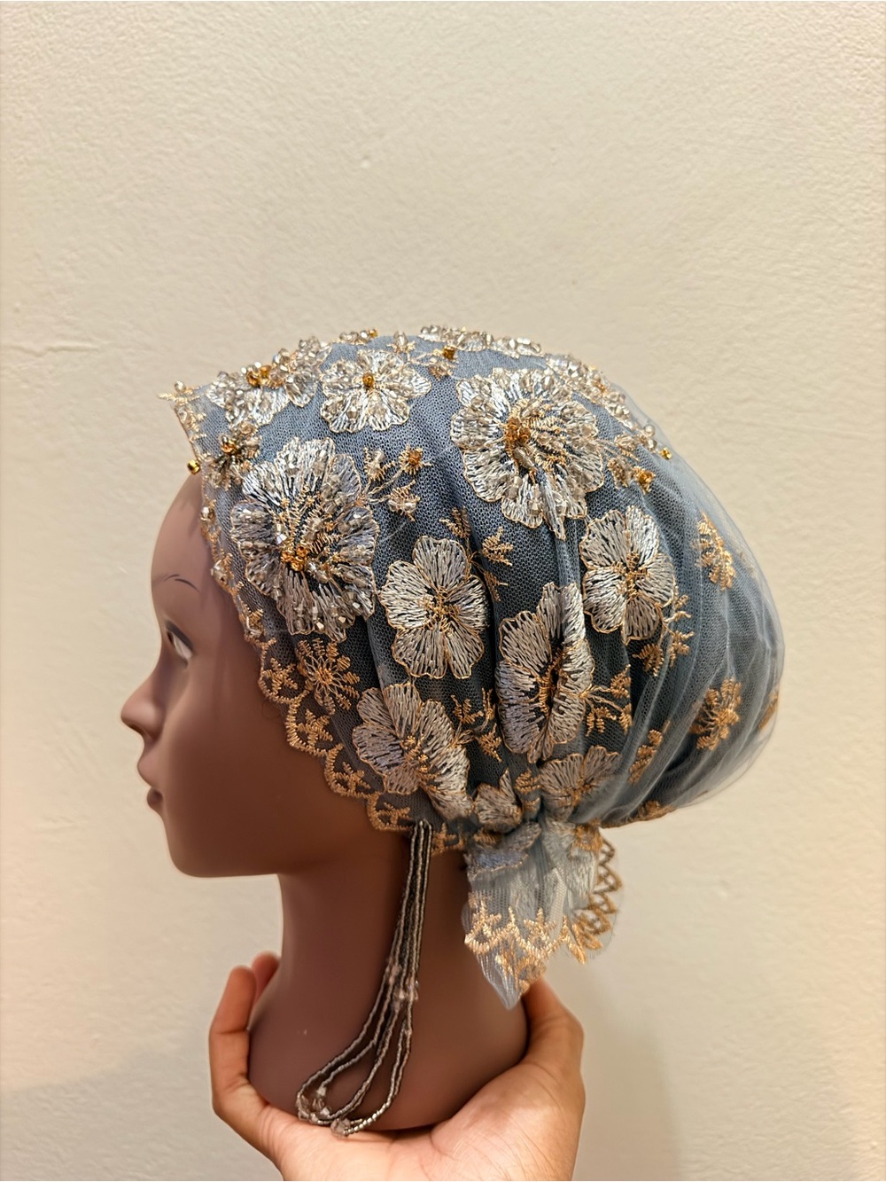 Elegant Blue Grey Floral Lace Headscarf with Gold Accents
